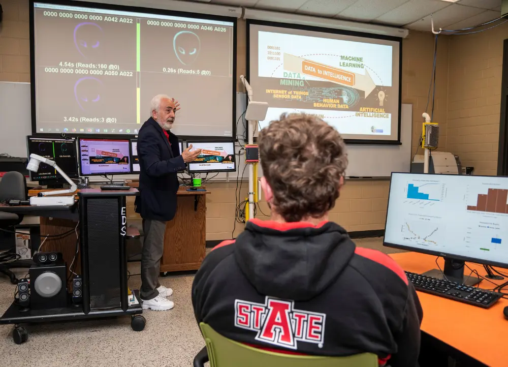 Professor going over data mining to class in lab