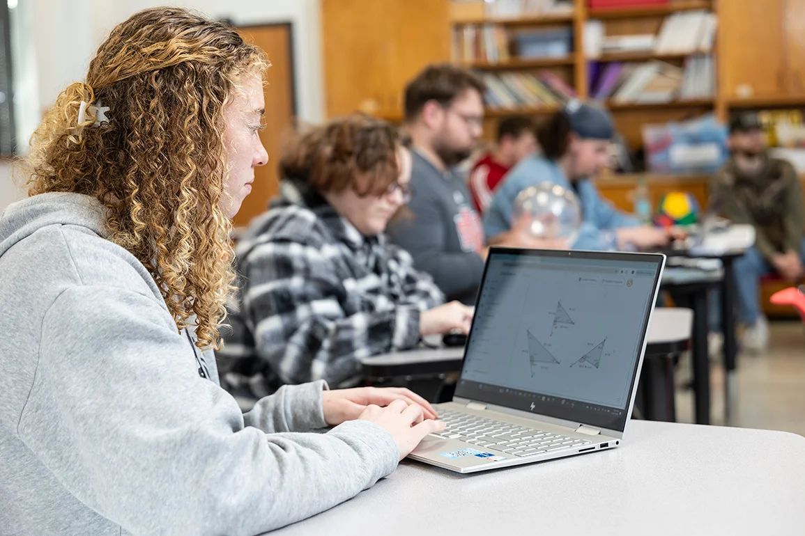 Female student taking notes in a math class on her laptop