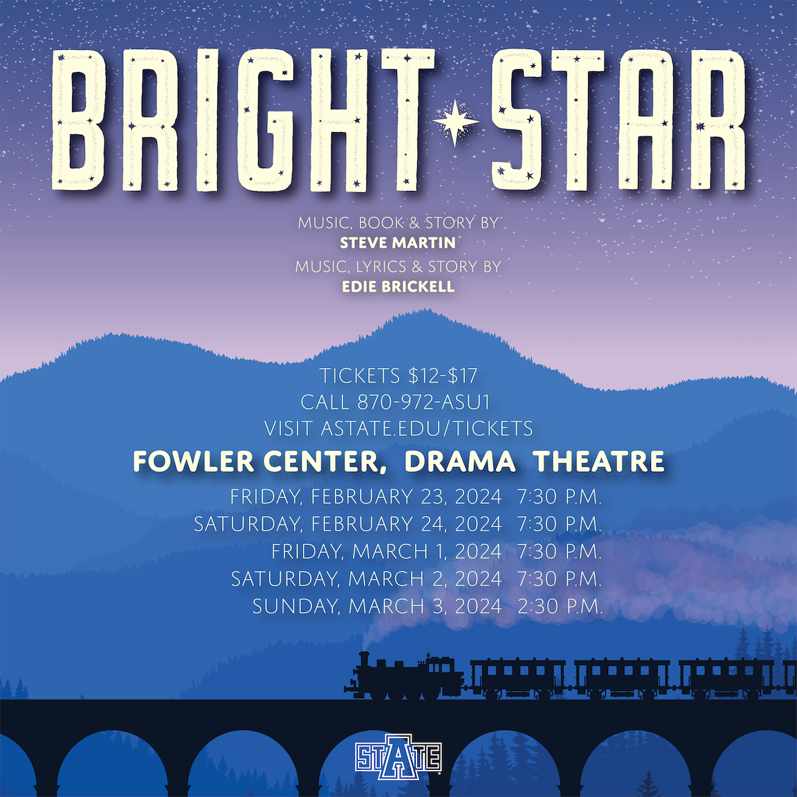 Bright Star poster featuring showtime information and the silhouette of a train on a bridge over a backdrop of blue mountains and a purple sky
