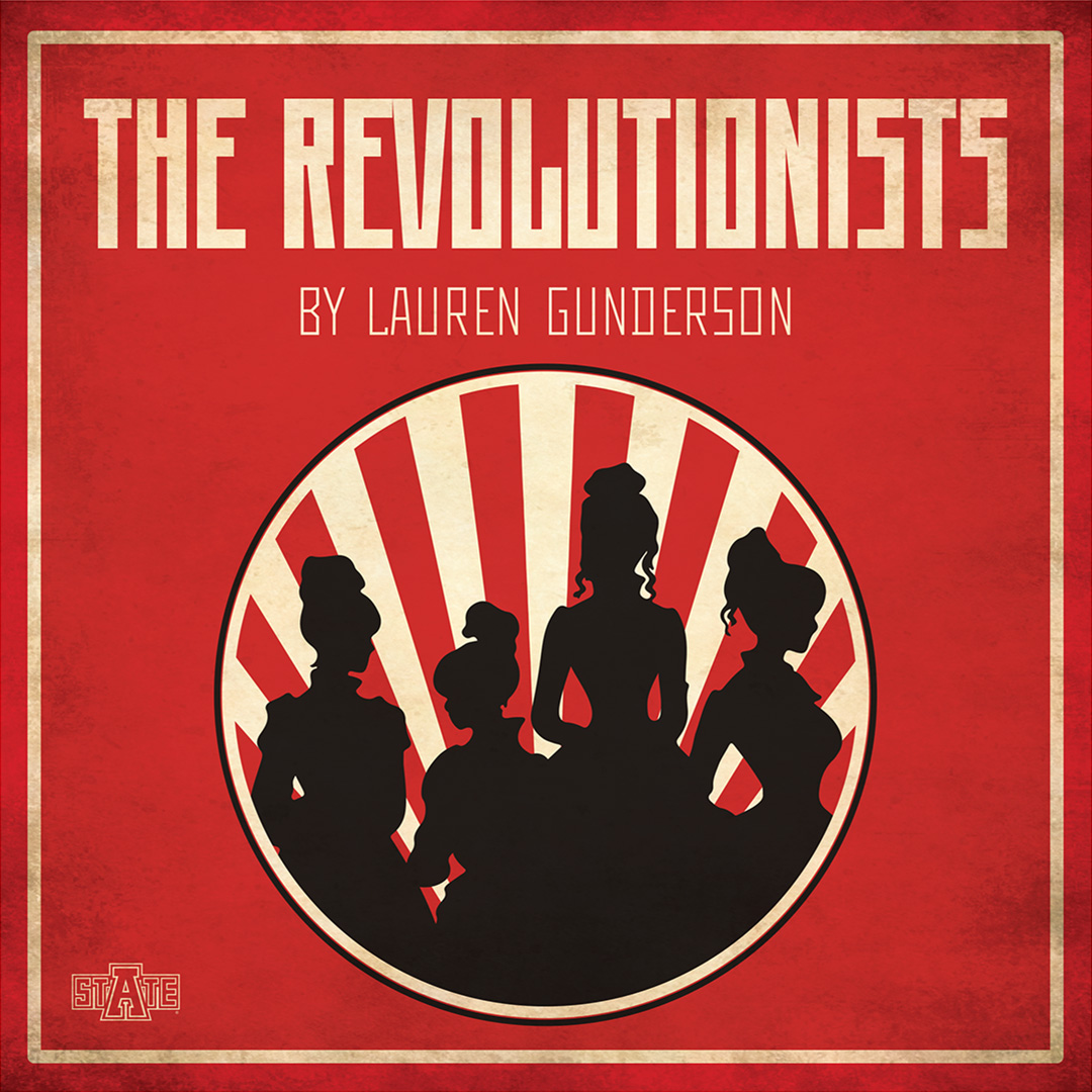 The Revolutionists poster featuring a circle with the silhouttes of 4 women inside, on a red background