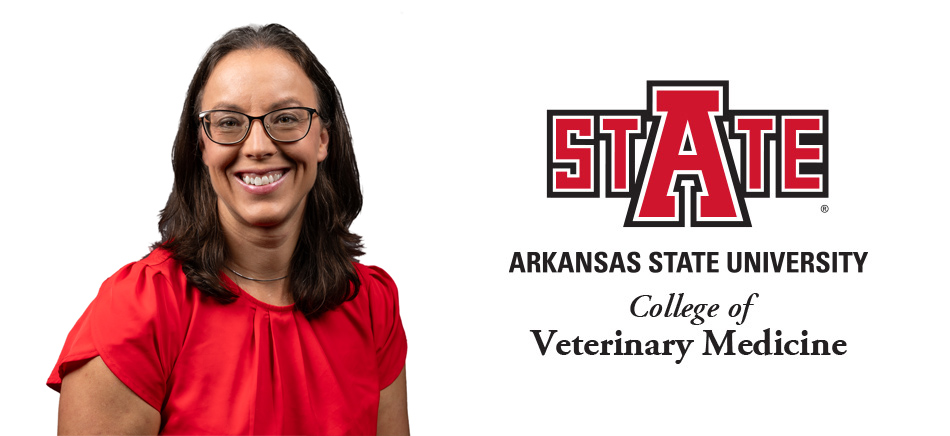 Dr. Heidi Banse photo next to the A-State College of Veterinary Medicine logo