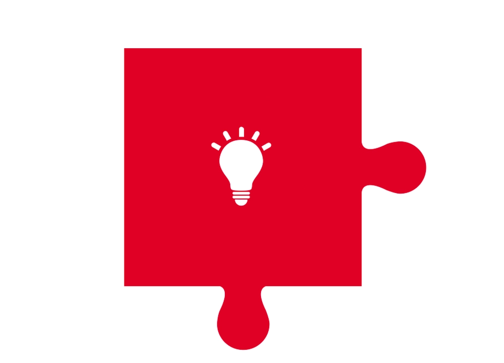 A red puzzle piece with a lightbulb in the center.