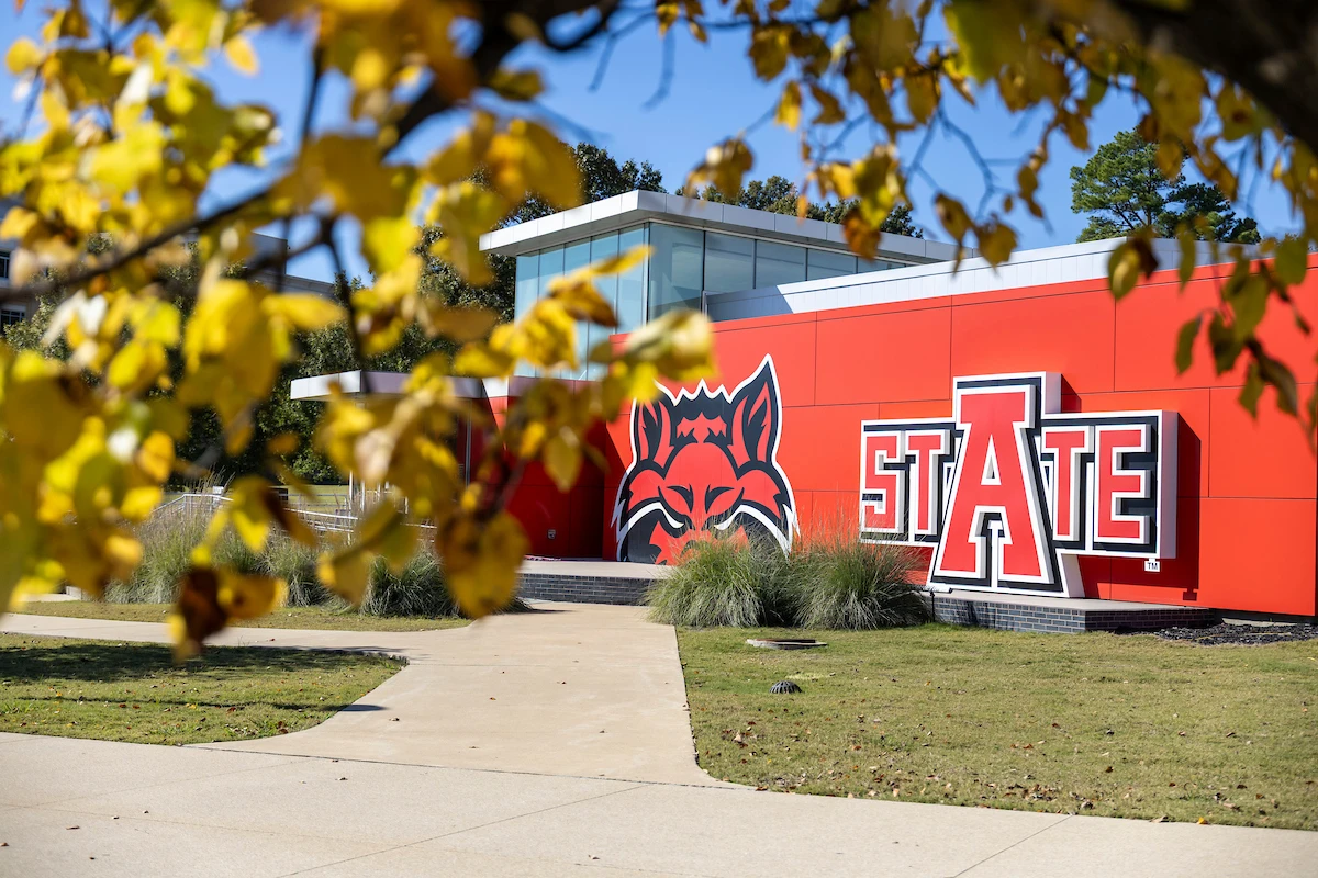 Street view of Arkansas State University Welcome Center on campus