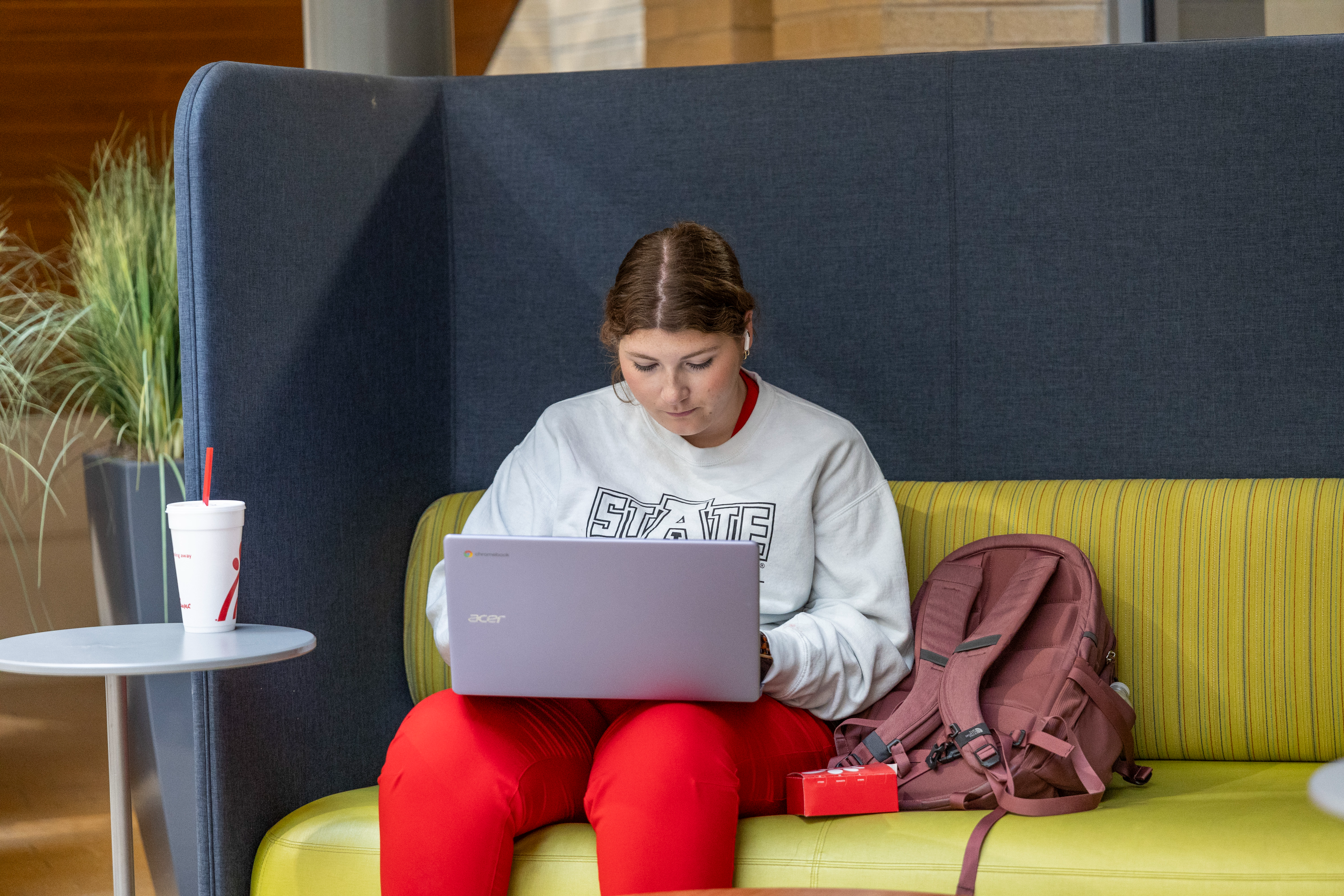 Student focuses on laptop while studying in a modern campus lounge.