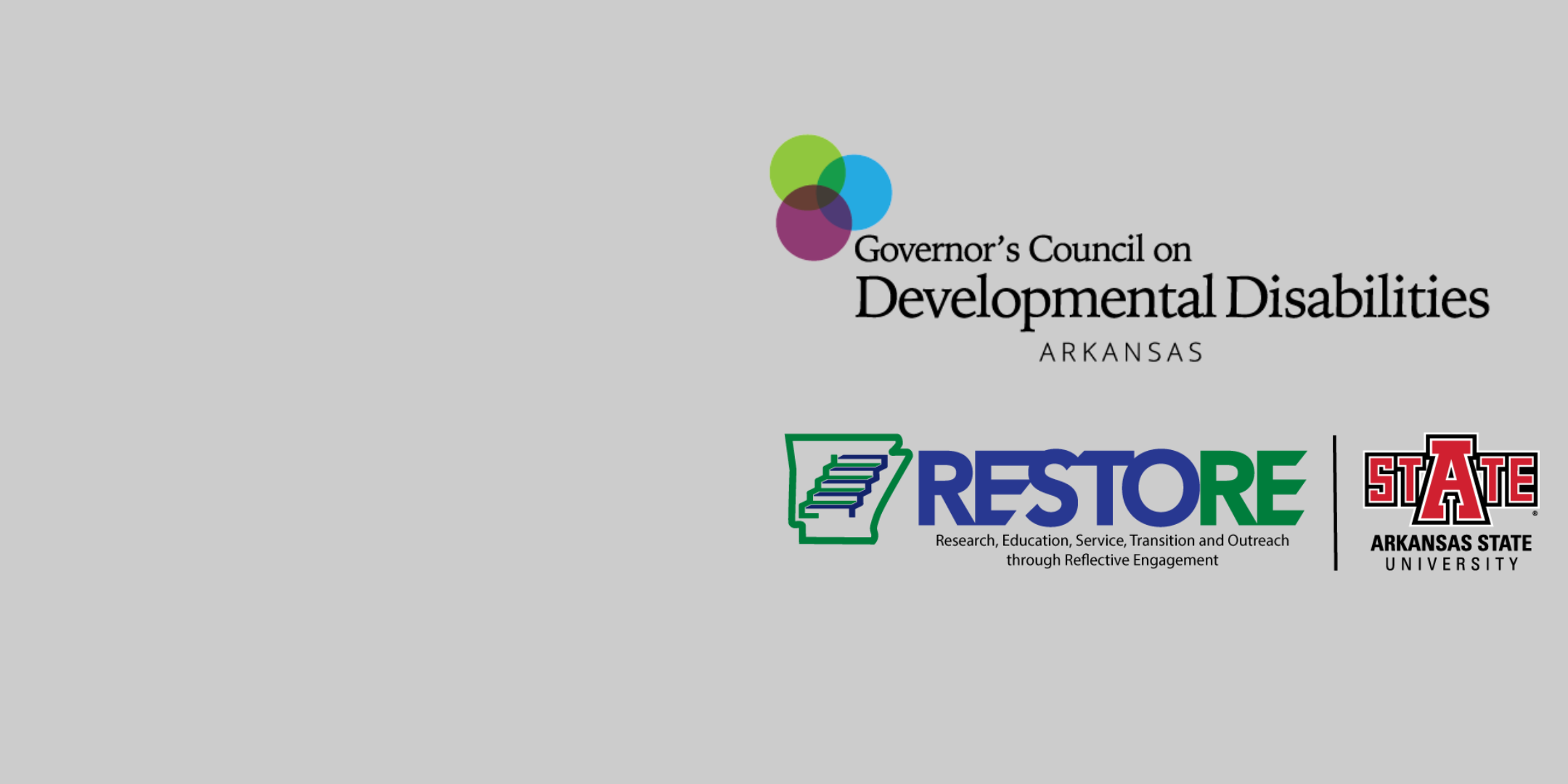 RESTORE, A-State, and GCDD logos on gray background