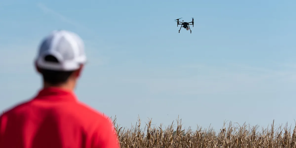 Student in red shirt operates a drone flying above a cornfield on a clear day.